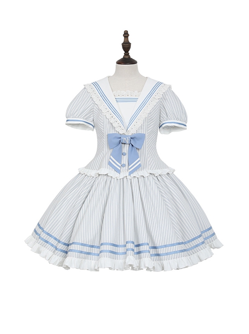 Navy Collar Striped Puff Sleeves Lace Ruffle Hem Lacing Fake Two Piece School Lolita Short Sleeve Dress