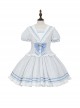 Navy Collar Striped Puff Sleeves Lace Ruffle Hem Lacing Fake Two Piece School Lolita Short Sleeve Dress