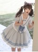 Navy Collar Striped Puff Sleeves Lace Ruffle Hem Lacing Fake Two Piece School Lolita Short Sleeve Dress