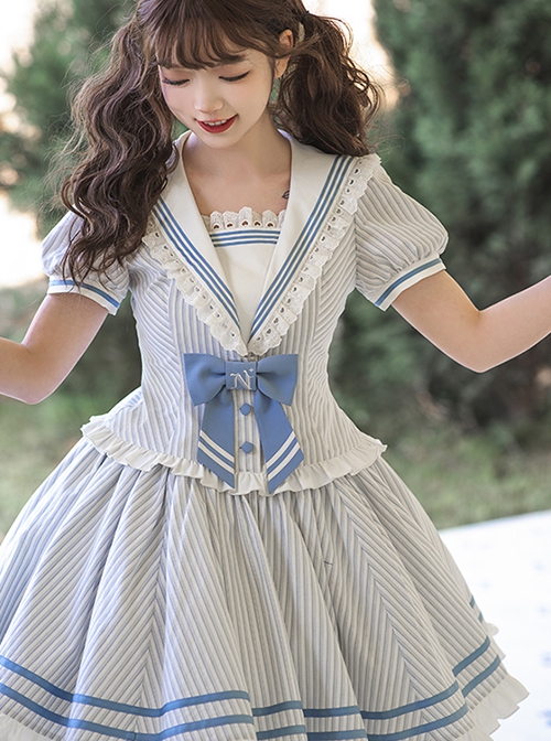 Navy Collar Striped Puff Sleeves Lace Ruffle Hem Lacing Fake Two Piece School Lolita Short Sleeve Dress