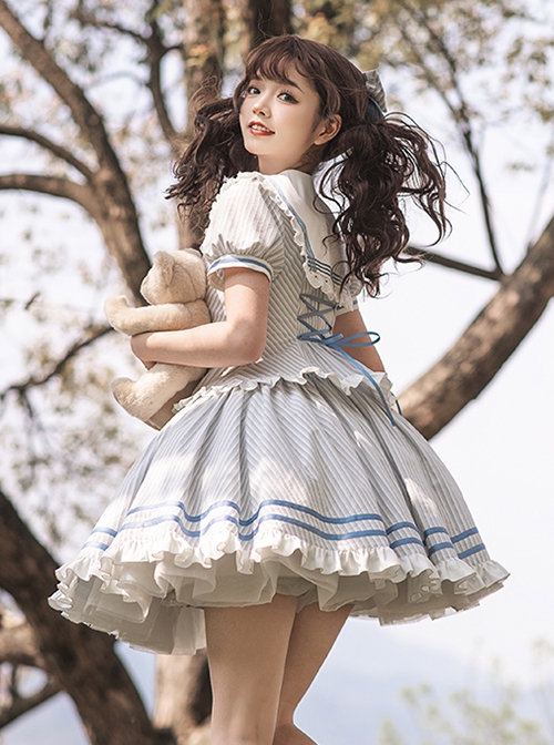 Navy Collar Striped Puff Sleeves Lace Ruffle Hem Lacing Fake Two Piece School Lolita Short Sleeve Dress