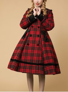 Plaid Rhapsody Series Doll Collar Red-Black Plaid Autumn Winter Warm Christmas Classic Lolita Long-Sleeved Coat