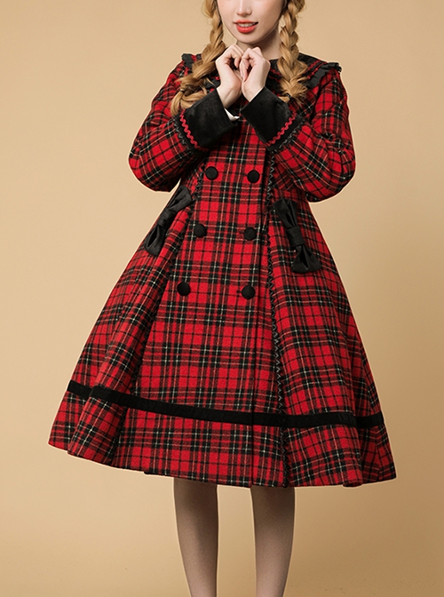 Plaid Rhapsody Series Doll Collar Red-Black Plaid Autumn Winter Warm Christmas Classic Lolita Long-Sleeved Coat