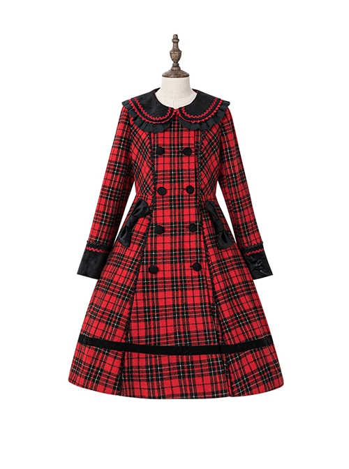 Plaid Rhapsody Series Doll Collar Red-Black Plaid Autumn Winter Warm Christmas Classic Lolita Long-Sleeved Coat