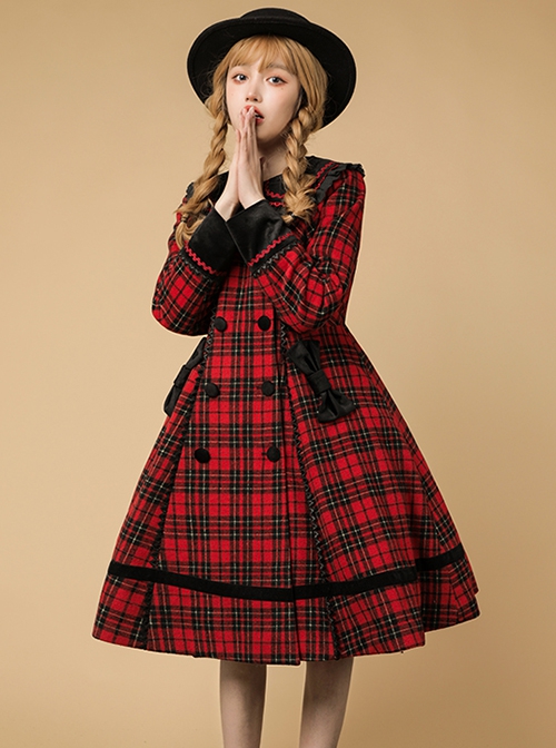 Plaid Rhapsody Series Doll Collar Red-Black Plaid Autumn Winter Warm Christmas Classic Lolita Long-Sleeved Coat