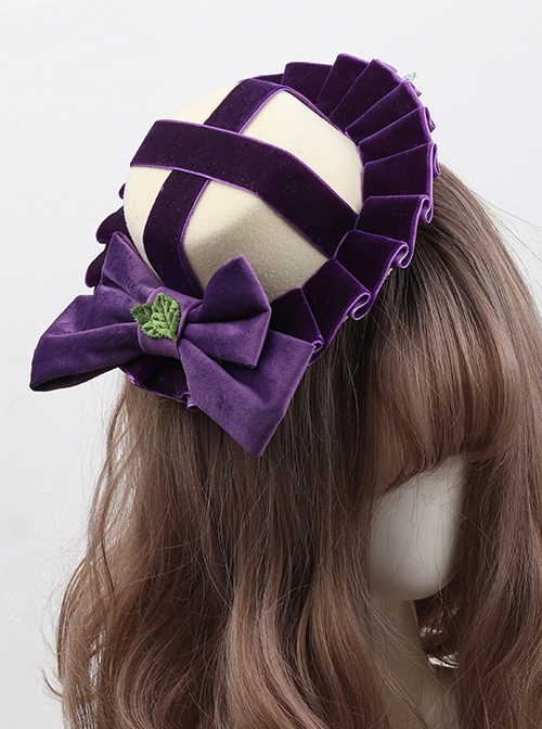 Deep Purple Vintage Velvet Cross Pleated Bowknot Green Leaf Classic Lolita Small Top Hat