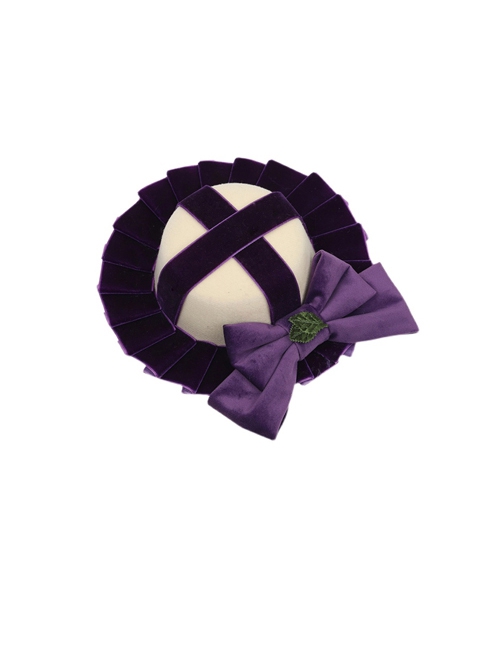 Deep Purple Vintage Velvet Cross Pleated Bowknot Green Leaf Classic Lolita Small Top Hat