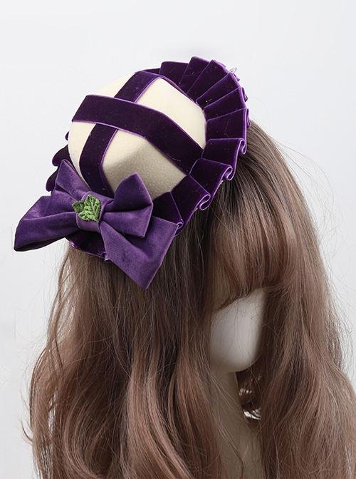 Deep Purple Vintage Velvet Cross Pleated Bowknot Green Leaf Classic Lolita Small Top Hat