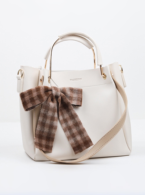 Solid Color Large-Capacity All-Match One-Shoulder Bucket Bag Plaid Bowknot Decoration Classic Lolita Bag