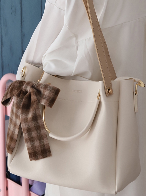 Solid Color Large-Capacity All-Match One-Shoulder Bucket Bag Plaid Bowknot Decoration Classic Lolita Bag