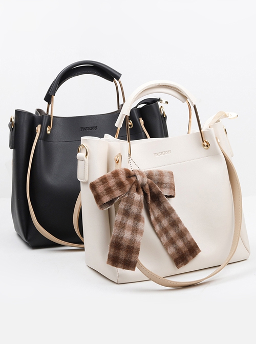 Solid Color Large-Capacity All-Match One-Shoulder Bucket Bag Plaid Bowknot Decoration Classic Lolita Bag