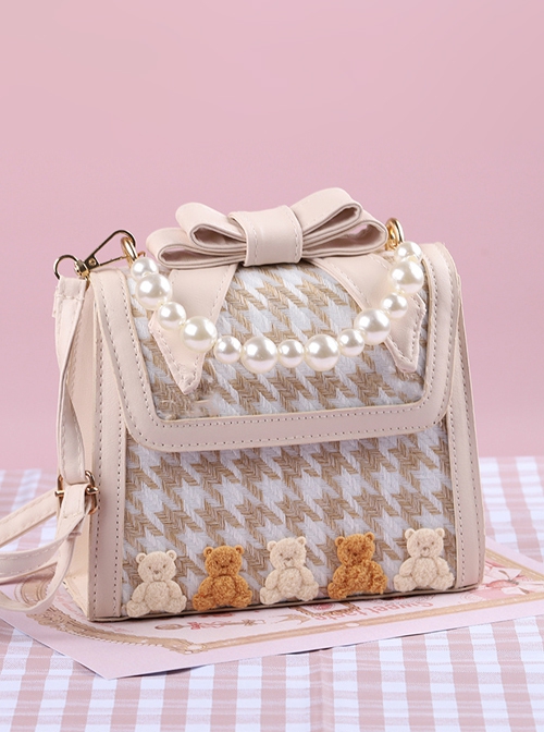 Cute Little Bear Houndstooth Bead Chain Fashion Small Square Bag Classic Lolita Portable Messenger Bag