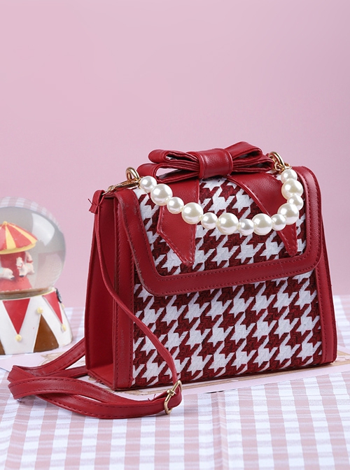 Cute Little Bear Houndstooth Bead Chain Fashion Small Square Bag Classic Lolita Portable Messenger Bag