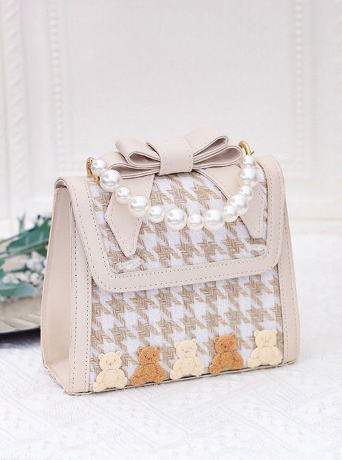 Cute Little Bear Houndstooth Bead Chain Fashion Small Square Bag Classic Lolita Portable Messenger Bag