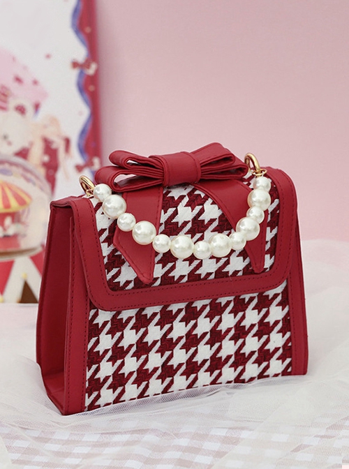 Cute Little Bear Houndstooth Bead Chain Fashion Small Square Bag Classic Lolita Portable Messenger Bag