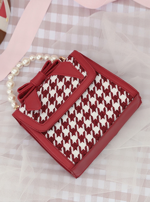 Cute Little Bear Houndstooth Bead Chain Fashion Small Square Bag Classic Lolita Portable Messenger Bag