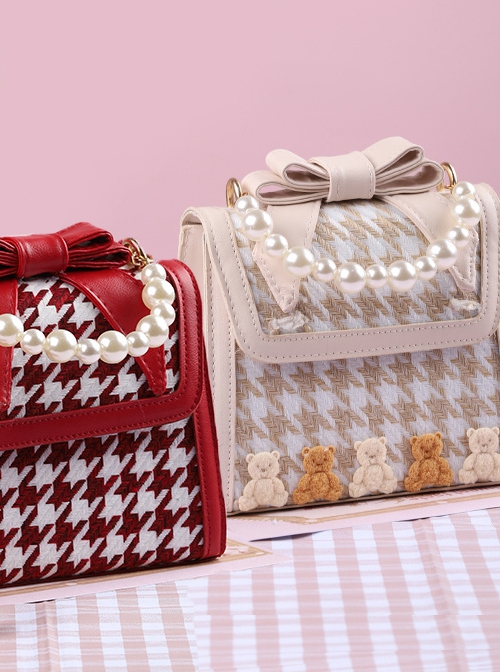 Cute Little Bear Houndstooth Bead Chain Fashion Small Square Bag Classic Lolita Portable Messenger Bag