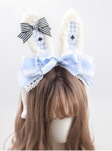 Alice Series White Lace Blue Plaid Poker Plush Rabbit Ears Sweet Lolita Headband