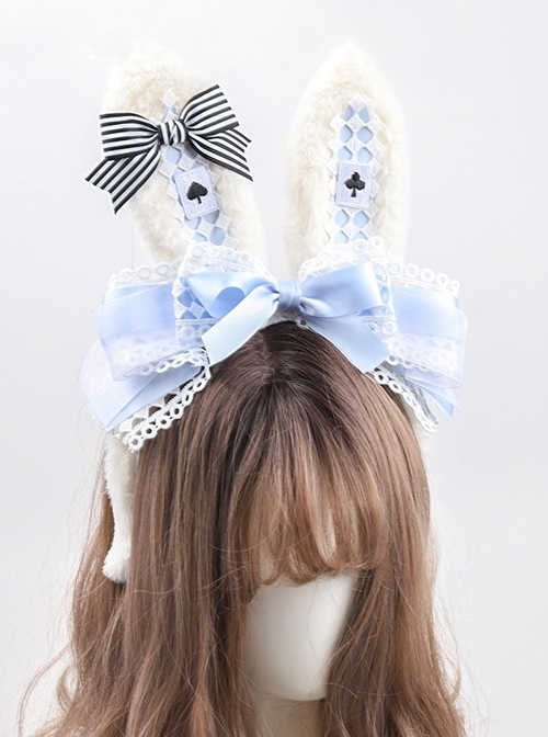 Alice Series White Lace Blue Plaid Poker Plush Rabbit Ears Sweet Lolita Headband