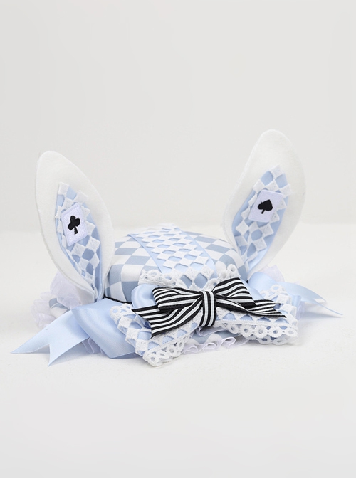 Alice Series Plaid Rabbit Ears Poker Black-White Striped Bowknot Decoration Lace Sweet Lolita Small Top Hat