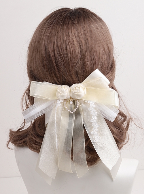 Elegant Sweet Rose Lace Hollow Heart Ribbon Bowknot Classic Lolita Hair Clip