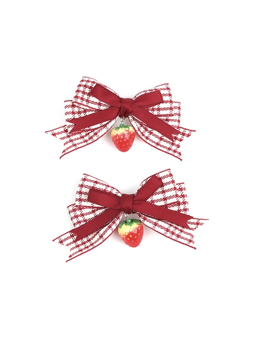 Red Plaid Bowknot Cute Girl Strawberry Handmade Sweet Lolita Hair Clip