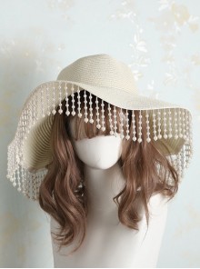 Vintage Solid Color Summer Bead Chain Tassel Sun Visor Straw Hat Classic Lolita Hat