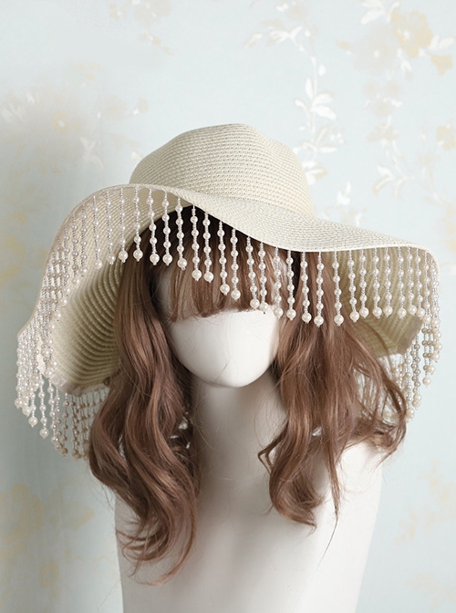 Vintage Solid Color Summer Bead Chain Tassel Sun Visor Straw Hat Classic Lolita Hat