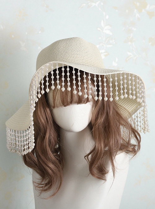 Vintage Solid Color Summer Bead Chain Tassel Sun Visor Straw Hat Classic Lolita Hat