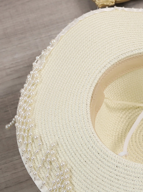 Vintage Solid Color Summer Bead Chain Tassel Sun Visor Straw Hat Classic Lolita Hat