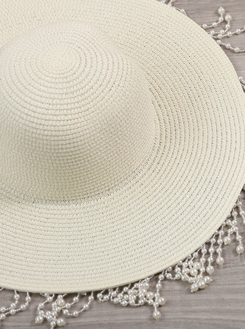 Vintage Solid Color Summer Bead Chain Tassel Sun Visor Straw Hat Classic Lolita Hat