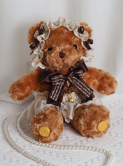 Brown Plush Bear Sweet Cute Lace Bowknot Decoration Sweet Lolita Bead Chain Messenger Bag