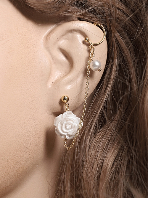 White Rose Classic Lolita Vintage Asymmetric Ear Cuff Chain Earrings