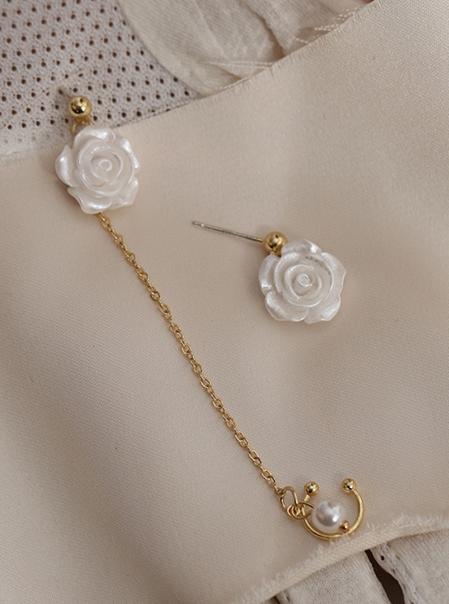 White Rose Classic Lolita Vintage Asymmetric Ear Cuff Chain Earrings