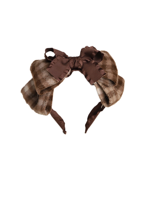 Retro Brown Plaid All-Match Plush Bowknot Sweet Lolita Headband