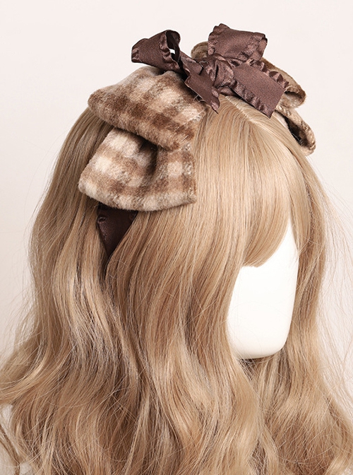 Retro Brown Plaid All-Match Plush Bowknot Sweet Lolita Headband