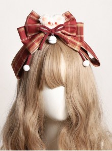 Red Plaid Bowknot Bell Design Plush Little Bear Christmas Sweet Lolita Detachable Headband