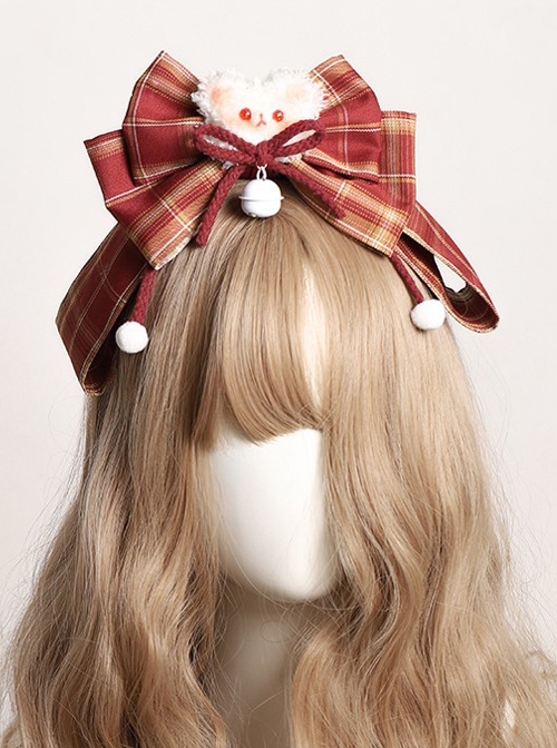 Red Plaid Bowknot Bell Design Plush Little Bear Christmas Sweet Lolita Detachable Headband