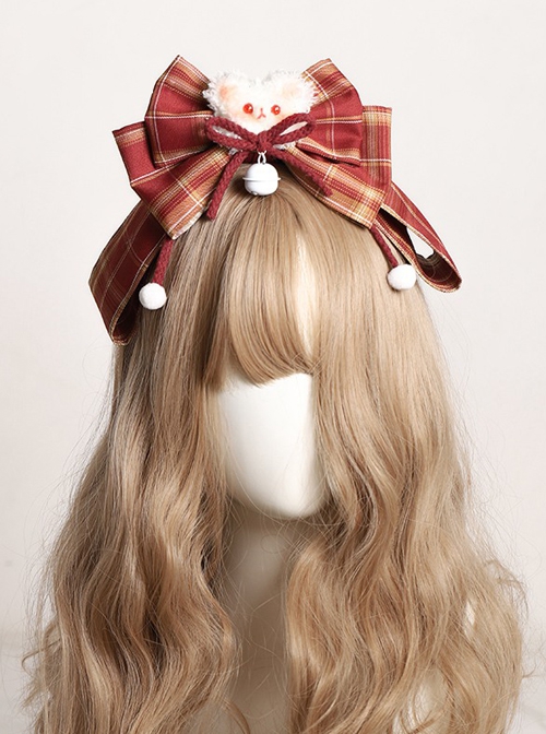Red Plaid Bowknot Bell Design Plush Little Bear Christmas Sweet Lolita Detachable Headband
