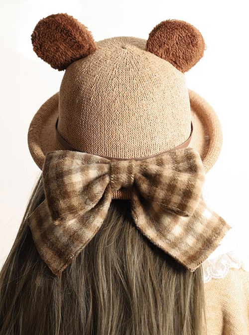 Khaki Cute All-Match Bear Ears Plaid Bowknot Decoration Sweet Lolita Hat