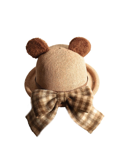 Khaki Cute All-Match Bear Ears Plaid Bowknot Decoration Sweet Lolita Hat