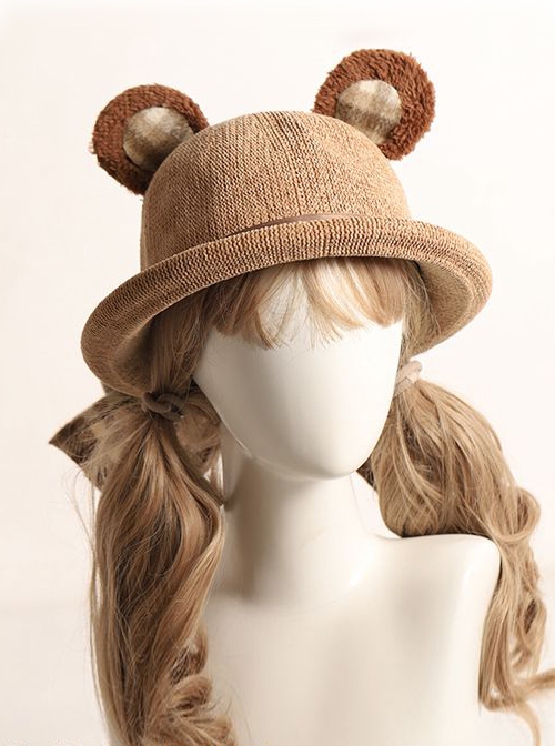 Khaki Cute All-Match Bear Ears Plaid Bowknot Decoration Sweet Lolita Hat