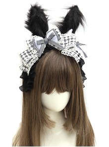 Black-White Plaid Bowknot Black Lace Fried Hair Rabbit Ear Design Sweet Lolita Headband