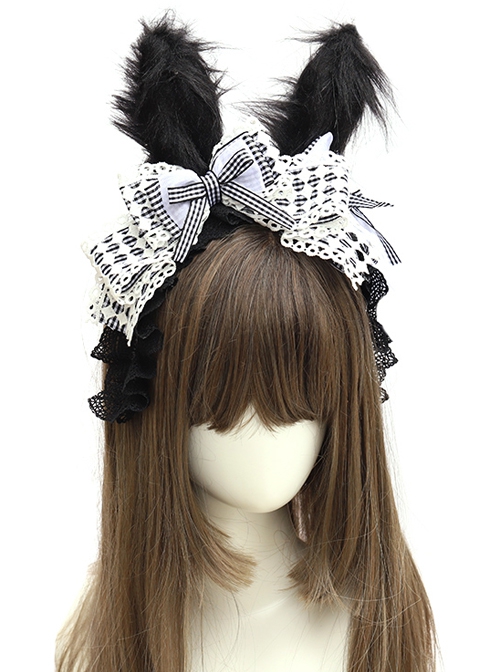 Black-White Plaid Bowknot Black Lace Fried Hair Rabbit Ear Design Sweet Lolita Headband