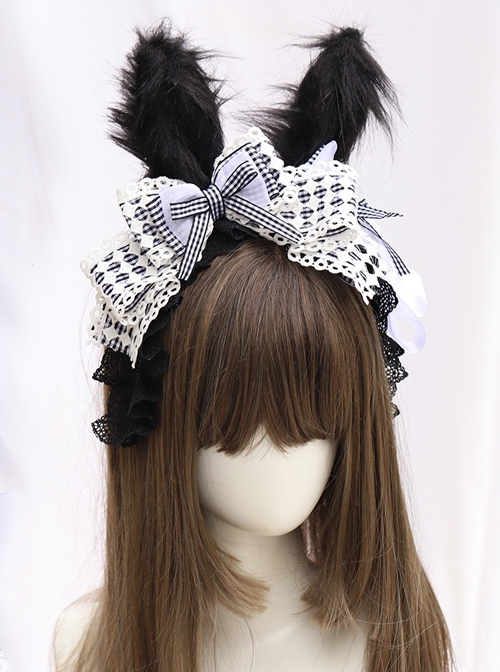 Black-White Plaid Bowknot Black Lace Fried Hair Rabbit Ear Design Sweet Lolita Headband