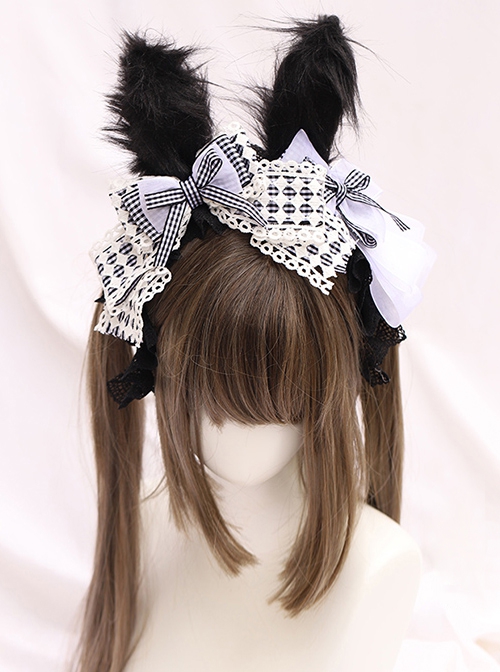 Black-White Plaid Bowknot Black Lace Fried Hair Rabbit Ear Design Sweet Lolita Headband