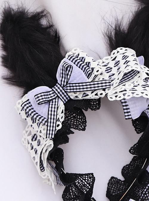 Black-White Plaid Bowknot Black Lace Fried Hair Rabbit Ear Design Sweet Lolita Headband