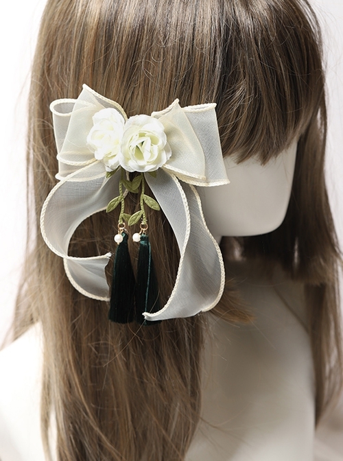 Mori Girl Rose Green Leaf Ribbon Bowknot Tassel Design Elegant Classic Lolita Hair Clip