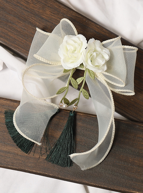 Mori Girl Rose Green Leaf Ribbon Bowknot Tassel Design Elegant Classic Lolita Hair Clip