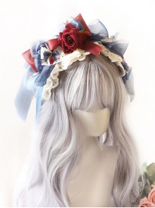 Snow White Series Handmade Blue Ribbon Red Rose Lace Classic Lolita Headband